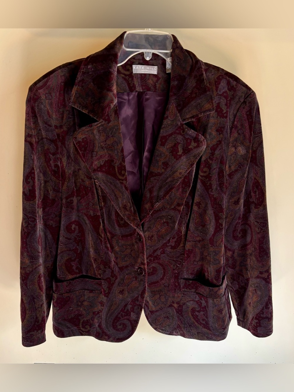 VTG Kate Hill Velvet Paisley Jacket/Blazer Dark Plum Women 20W Lined Career Y2K